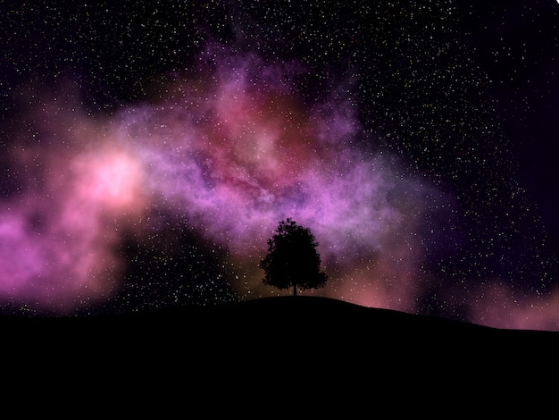 Free photo floating nebula with a tree silhouette