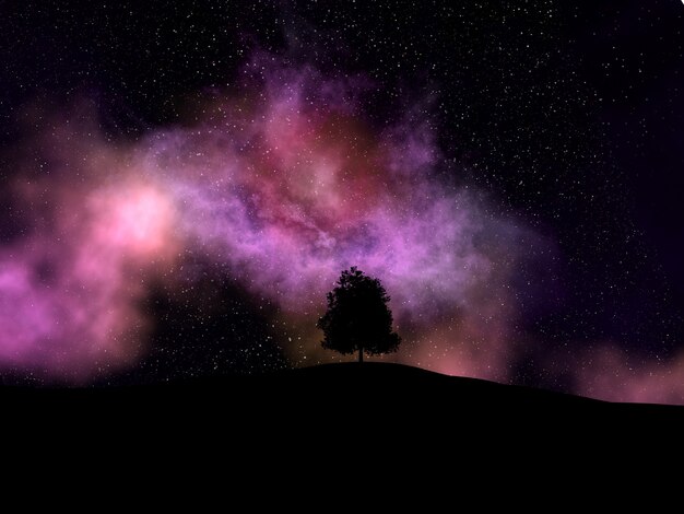 Floating nebula with a tree silhouette