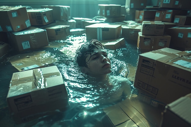 Free photo flooded room with person inside with boxes