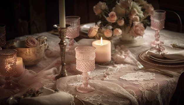 Free photo floral arrangement and candlelight set the romance generated by ai