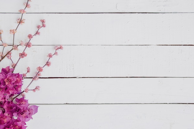 Floral of branches on a white wood background.