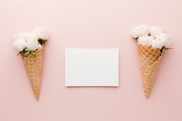 Floral ice cream cone top view with empty card