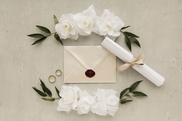 Free photo floral ornaments with engagement rings and invitation card