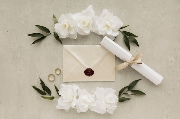 Ornamenti floreali con anelli di fidanzamento e carta di invito