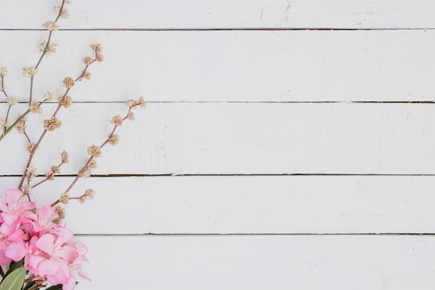 Floral pattern of light pink branches on wood background.