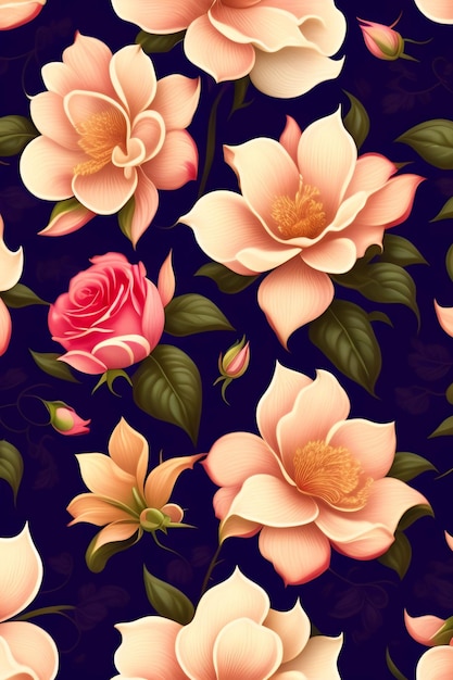 A floral pattern with pink flowers on a dark blue background.