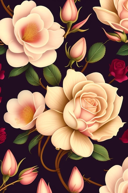 A floral pattern with pink roses and green leaves.