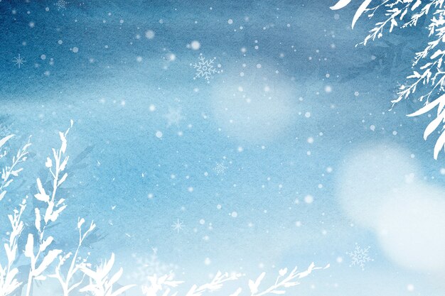 floral winter watercolor background in blue with beautiful snow