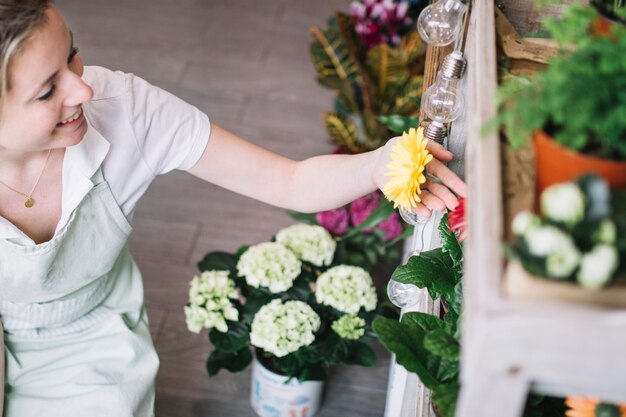 棚の花を見ている花屋