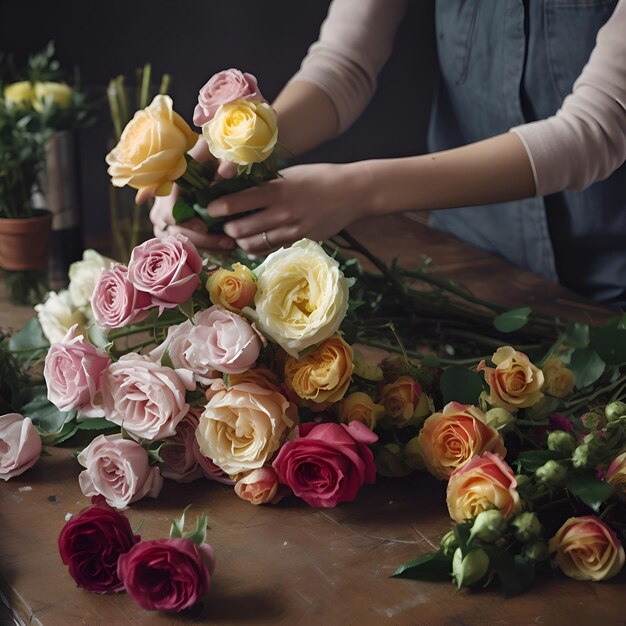 花屋が花屋で美しいバラの花束を作っている