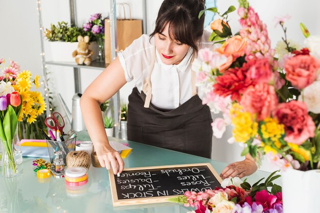 Florist writing on slate with chalk