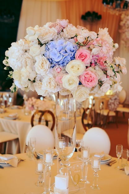 Flower centerpiece bouquet with eustomas and hydrangeas