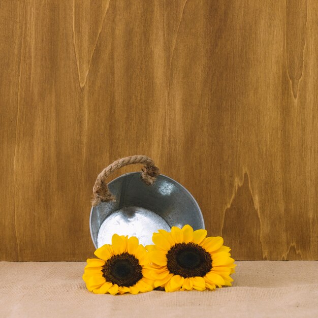 Flower composition with sunflowers in bucket