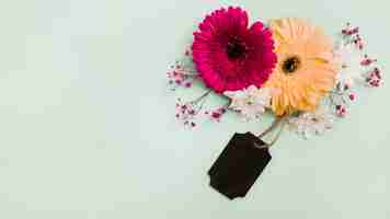 Free photo flower decoration with black tag on pastel green background