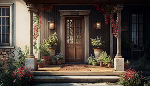 Free photo flower filled courtyard in rustic residential architecture generative ai