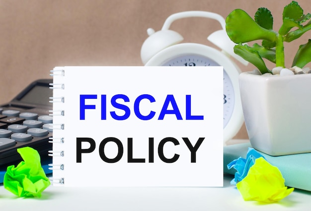 Цветок в горшке, калькулятор, белый будильник, разноцветные листочки бумаги и белый блокнот с надписью фискальная политика на рабочем столе.