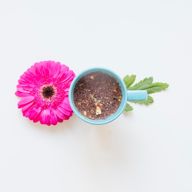 Flower and leaf near mug with dirt