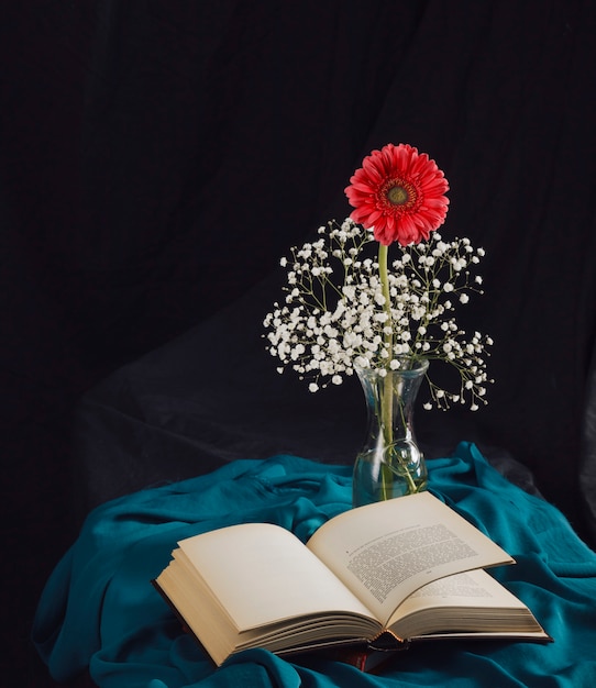 Flower with bloom twigs in vase near volume and blue textile in darkness