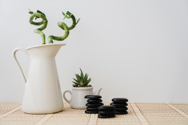 Flowerpot, bamboo and black stones