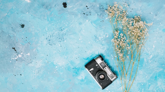 Free photo flowers branches with camera on table