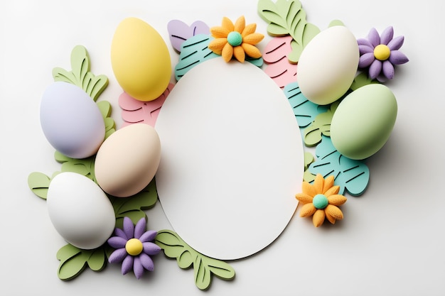 Free photo flowers and colored eggs with empty white card as easter theme