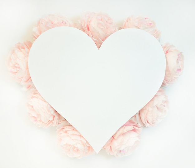 Flowers composition from pink flowers in the form of a heart on white background spring summer