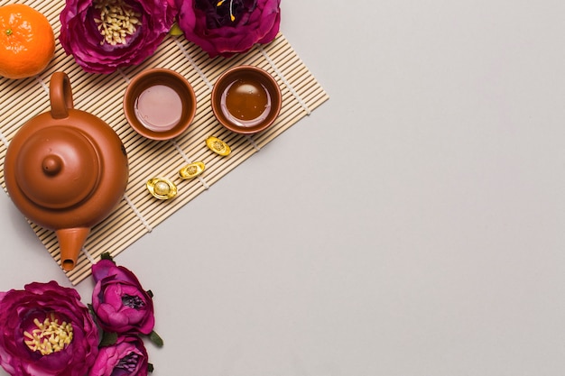 Flowers near tea set