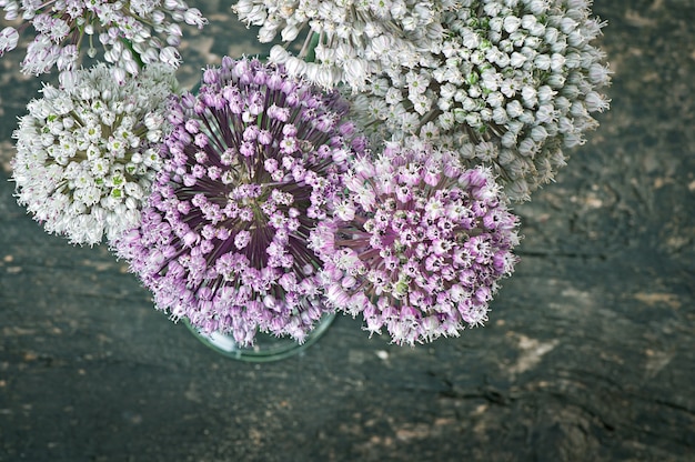 古い木製のテーブルの花タマネギ