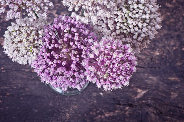 無料写真 古い木製のテーブルの花タマネギ