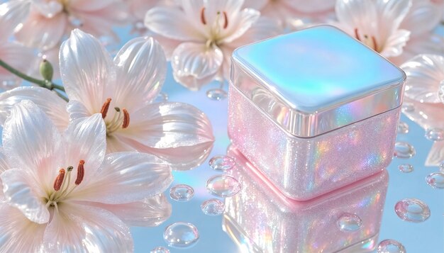 Flowers surrounding iridescent beauty packaging