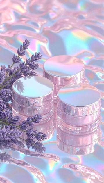 Flowers surrounding iridescent beauty packaging