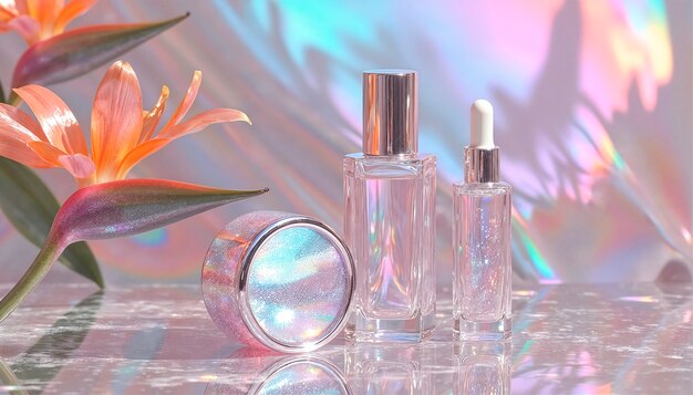 Flowers surrounding iridescent beauty packaging