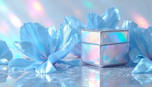 Flowers surrounding iridescent beauty packaging