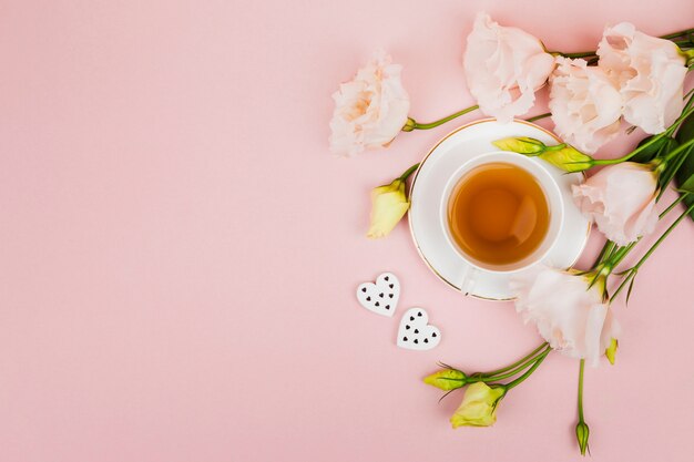 Flowers and tea in copy space