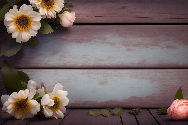 Flowers on a wooden background with a blue background free photo