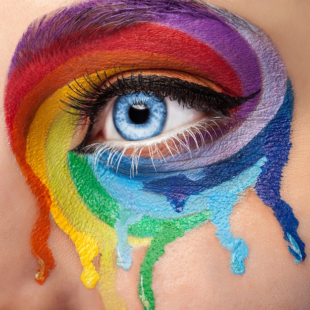 Flowing colors on an eye in fashion stage make up. Rainbow of color spectrum. Blue eye. Close up details. Macro shooting. Fashion on stage make up. Vibrant colors