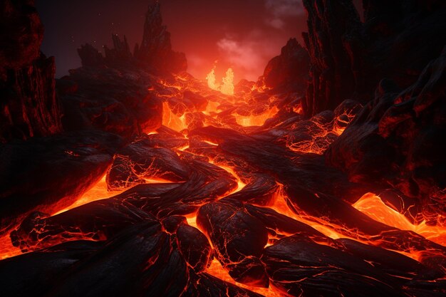 Поток лавы с светящимся огнем Огненные ступени приводят к 3D-сцене лавы, текущей над камнями