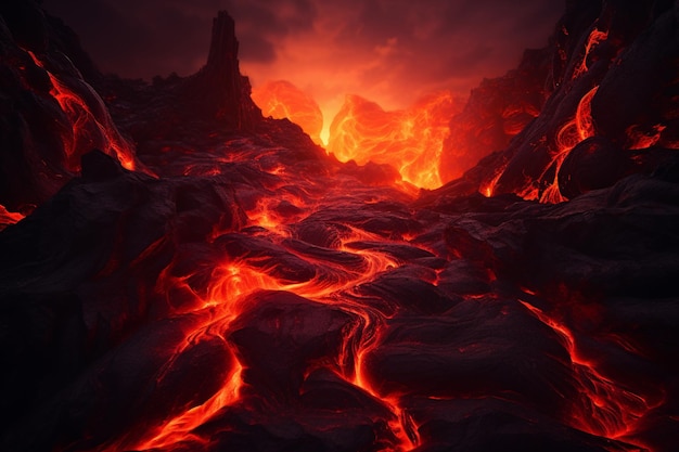 Free photo flowing lava flow with glowing fire fiery steps lead to a 3d scene of lava flowing over stones