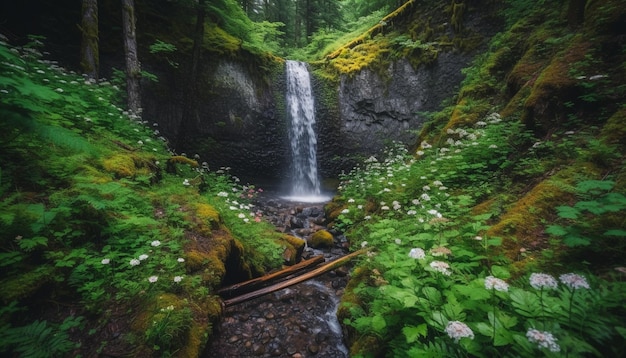 Flowing water cascades down rocky mountain cliff generated by ai