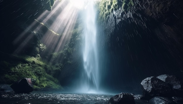 Free photo flowing water falls from majestic mountain cliff generated by ai