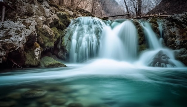 Flowing water falls over majestic rocky cliff generated by AI