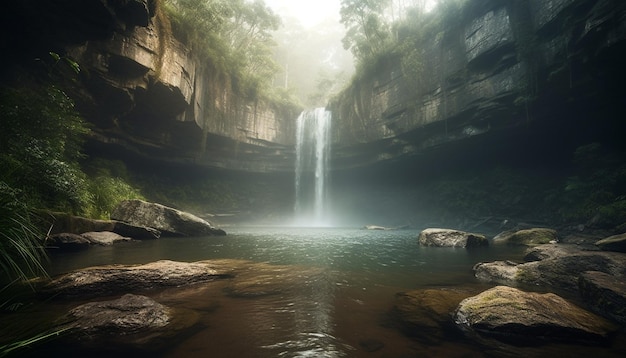 Free photo flowing water falls over rocky cliff edge generated by ai