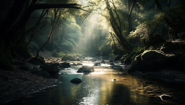 Free photo flowing water through misty forest a mystery generated by ai