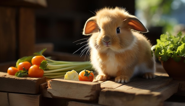 Пушистый кролик ест свежую морковь на деревянном столе, созданном искусственным интеллектом.