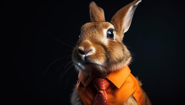 Free photo fluffy baby rabbit sitting elegantly on black background generated by ai