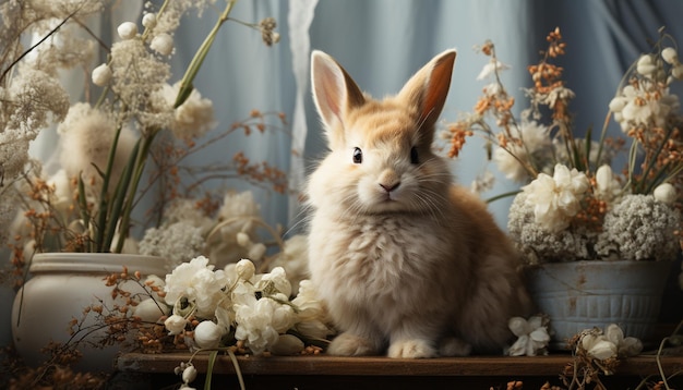 Free photo fluffy baby rabbit sitting in grass cute nature decoration generated by artificial intelligence