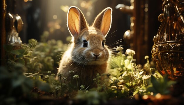 Fluffy baby rabbit sitting in grass enjoying the sunlight generated by artificial intelligence