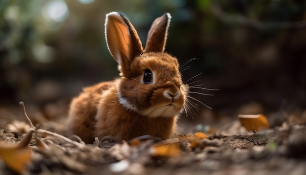 AIによって生成された屋外の芝生に座っているふわふわの赤ちゃんウサギ