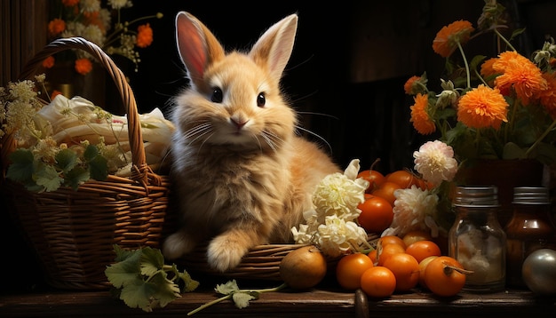 Бесплатное фото Пушистый кролик сидит в маленькой деревянной корзине, созданной искусственным интеллектом