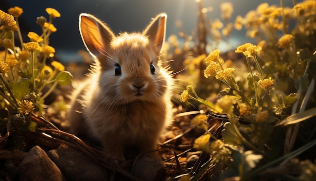 무료 사진 인공 지능이 생성한 자연을 즐기는 푸른 초원에 앉아 있는 푹신한 아기 토끼
